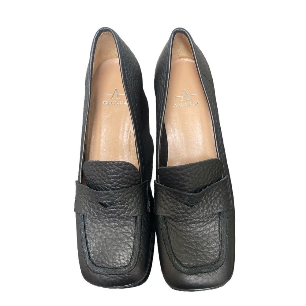 Aquatalia Pumps Womens 5.5 2142001 Black Pebbled Leather Block Heel Loafer - Picture 2 of 5